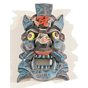 Chinese / Tibetan Vtg Dragon Wizard Hand Carved Wood & Painted Prayer Mask Decor